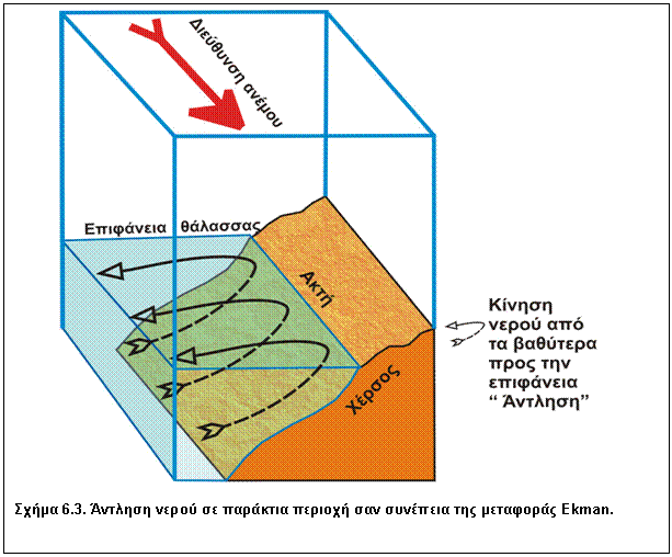 Πλαίσιο κειμένου:  

Σχήμα 6.3. Άντληση νερού σε παράκτια περιοχή σαν συνέπεια της μεταφοράς Ekman.
