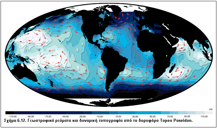 Πλαίσιο κειμένου:  
Σχήμα 6.12. Γεωστροφικά ρεύματα και δυναμική τοπογραφία από το δορυφόρο Topex Poseidon.
